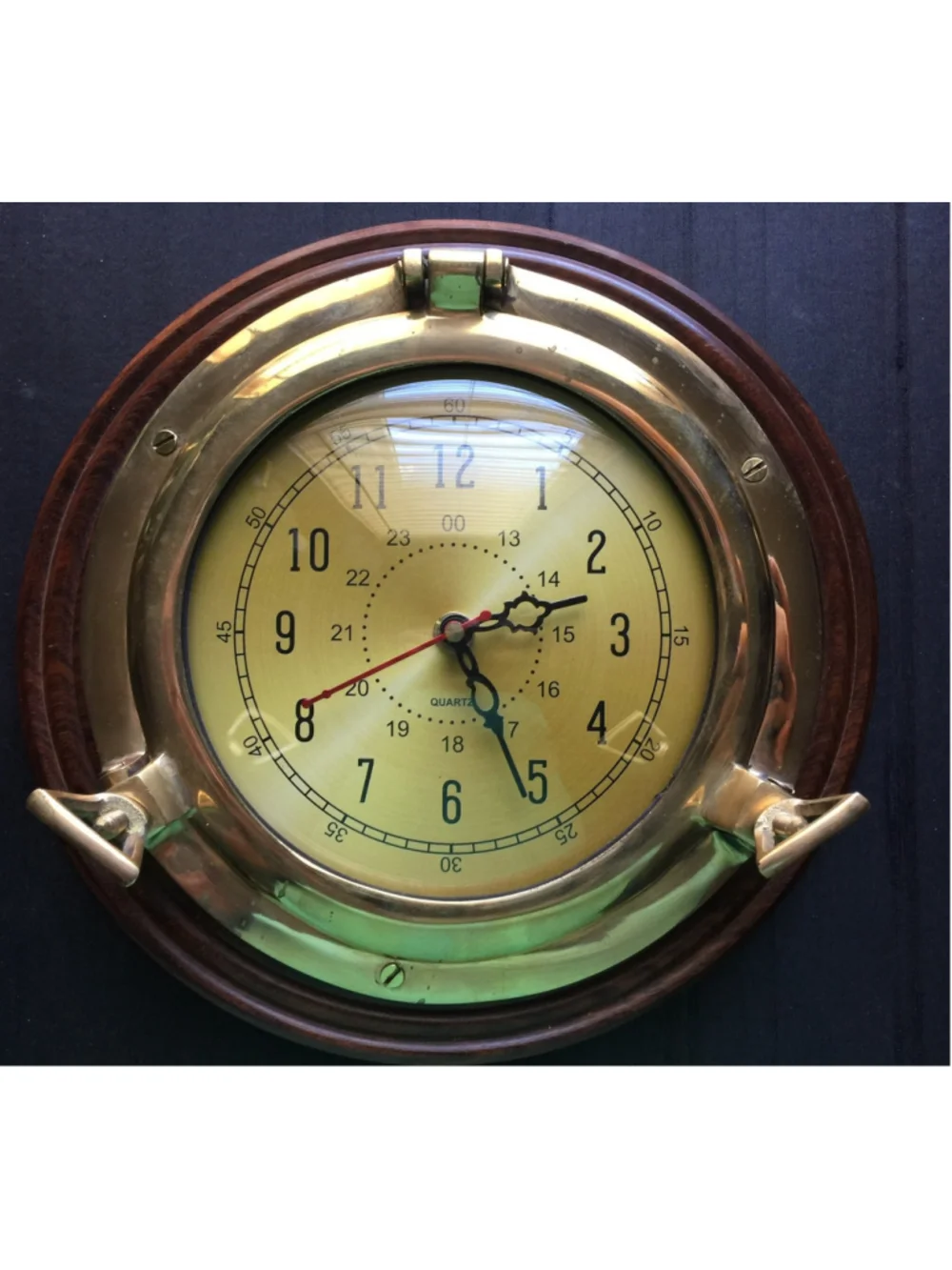 Nautical Ship’s Clock Porthole Look Brass & dark wood 10 Inch Working
